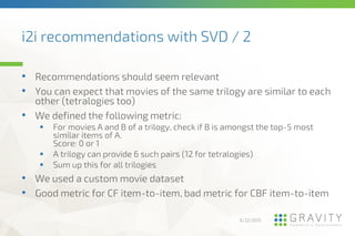 i2i recommendations with SVD / 2
9/22/2015
• Recommendations should seem relevant
• You can expect that movies of the same...