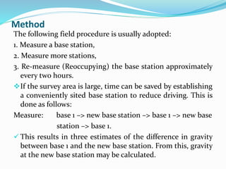 Method
The following field procedure is usually adopted:
1. Measure a base station,
2. Measure more stations,
3. Re-measure (Reoccupying) the base station approximately
every two hours.
If the survey area is large, time can be saved by establishing
a conveniently sited base station to reduce driving. This is
done as follows:
Measure: base 1 –> new base station –> base 1 –> new base
station –> base 1.
 This results in three estimates of the difference in gravity
between base 1 and the new base station. From this, gravity
at the new base station may be calculated.
 