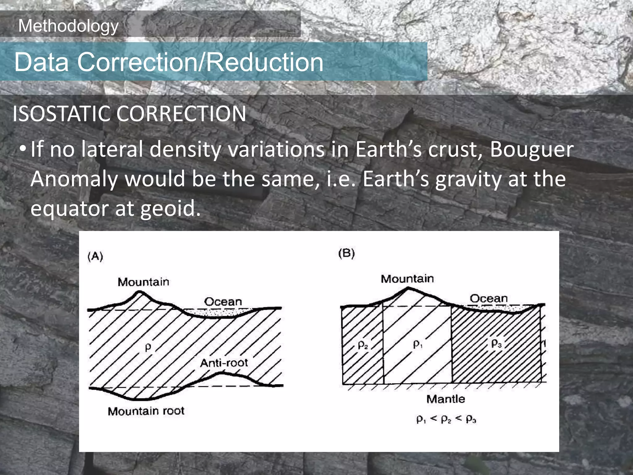 Methodology
ISOSTATIC CORRECTION
•If no lateral density variations in Earth’s crust, Bouguer
Anomaly would be the same, i.e. Earth’s gravity at the
equator at geoid.
Data Correction/Reduction
 