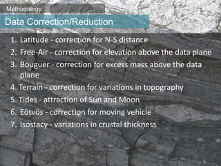 Methodology
1. Latitude - correction for N-S distance
2. Free-Air - correction for elevation above the data plane
3. Bouguer - correction for excess mass above the data
plane
4. Terrain - correction for variations in topography
5. Tides - attraction of Sun and Moon
6. Eötvös - correction for moving vehicle
7. Isostacy - variations in crustal thickness
Data Correction/Reduction
 