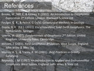 References
Brooks, M., Hill, I., & Kearey, P. (2002). An Introduction to Geophysical
Exploration 3rd Edition. London: Blackwell Science Ltd
Foulger, G. R., & Peirce, C. (n/a). Geophysical Methods in Geology.
Gupta, H. K. (Ed.). (2011). Encyclopedia of Solid Earth Geophysics. The
Netherlands: Springer.
Lowrie, W. (2007). Fundamentals of Geophysics 2nd Edition. United
Kingdom: University Press, Cambridge.
Milsom, J. (2003). Field Geophysics 3rd Edition. West Sussex, England:
John Wiley & Sons Ltd.
Murray, A. S., & Tracey, R. M. (2001). Best Practices in Gravity
Surveying.
Reynolds, J. M. (1997). An Introduction to Applied and Environmental
Geophysics. West Sussex, England: John Wiley & Sons Ltd.
 