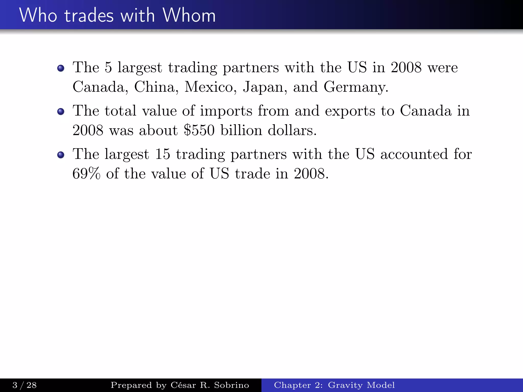 Who trades with Whom
The 5 largest trading partners with the US in 2008 were
Canada, China, Mexico, Japan, and Germany.
The total value of imports from and exports to Canada in
2008 was about $550 billion dollars.
The largest 15 trading partners with the US accounted for
69% of the value of US trade in 2008.
3 / 28 Prepared by César R. Sobrino Chapter 2: Gravity Model
 