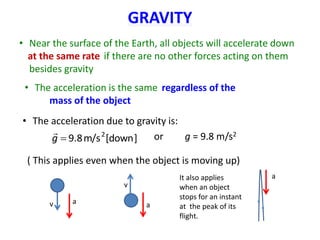 GRAVITY
• Near the surface of the Earth, all objects will accelerate down
at the same rate if there are no other forces acting on them
besides gravity
• The acceleration due to gravity is:
or g = 9.8 m/s2
]
down
[
m/s
8
.
9 2

g

( This applies even when the object is moving up)
a
v
v
a
It also applies
when an object
stops for an instant
at the peak of its
flight.
a
at the same rate
• The acceleration is the same regardless of the mass of the
object
regardless of the
mass of the object
 