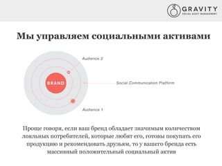 Мы управляем социальными активами
Проще говоря, если ваш бренд обладает значимым количеством
лояльных потребителей, которые любят его, готовы покупать его
продукцию и рекомендовать друзьям, то у вашего бренда есть
массивный положительный социальный актив
 