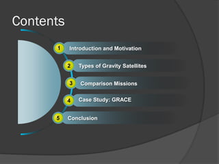 Contents
1
2
3
4
5
Introduction and Motivation
Types of Gravity Satellites
Comparison Missions
Conclusion
Case Study: GRACE
 