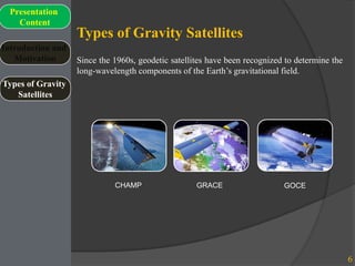 Types of Gravity Satellites
6
Introduction and
Motivation
Types of Gravity
Satellites
Presentation
Content
Since the 1960s, geodetic satellites have been recognized to determine the
long-wavelength components of the Earth’s gravitational field.
GRACECHAMP GOCE
 