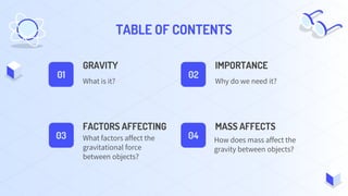 TABLE OF CONTENTS
What factors affect the
gravitational force
between objects?
GRAVITY
What is it?
IMPORTANCE
Why do we ne...