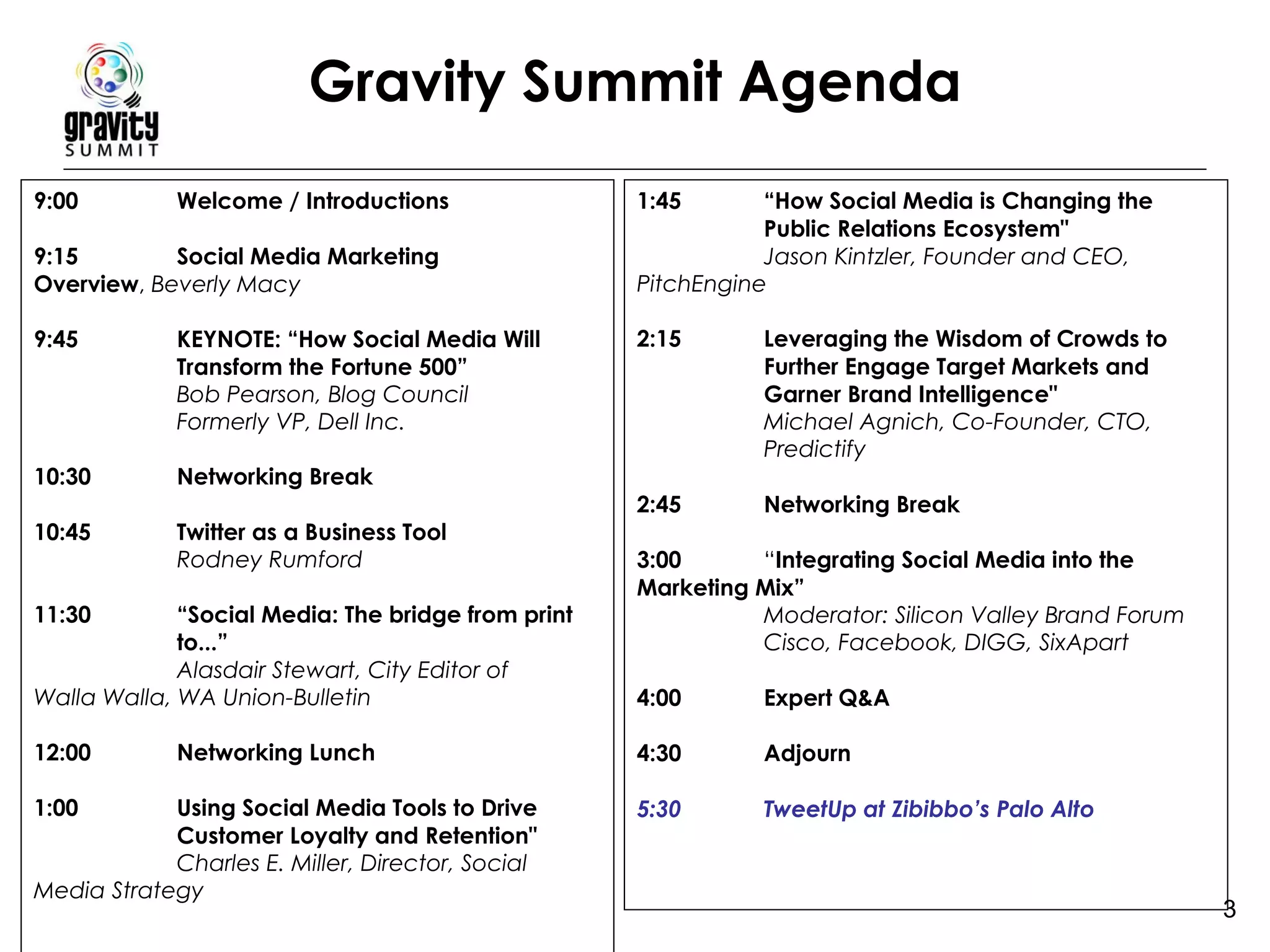 Gravity Summit Agenda 9:00 Welcome / Introductions 9:15 Social Media Marketing  Overview ,  Beverly Macy 9:45 KEYNOTE: “How Social Media Will  Transform the Fortune 500”   Bob Pearson, Blog Council Formerly VP, Dell Inc.  10:30 Networking Break 10:45 Twitter as a Business Tool Rodney Rumford 11:30 “Social Media: The bridge from print  to...” Alasdair Stewart, City Editor of  Walla Walla, WA Union-Bulletin 12:00 Networking Lunch 1:00 Using Social Media Tools to Drive  Customer Loyalty and Retention"  Charles E. Miller, Director, Social  Media Strategy   1:45 “How Social Media is Changing the  Public Relations Ecosystem" Jason Kintzler, Founder and CEO,  PitchEngine 2:15 Leveraging the Wisdom of Crowds to  Further Engage Target Markets and  Garner Brand Intelligence"   Michael Agnich, Co-Founder, CTO,  Predictify 2:45 Networking Break 3:00 “ Integrating Social Media into the  Marketing Mix” Moderator: Silicon Valley Brand Forum  Cisco, Facebook, DIGG, SixApart 4:00 Expert Q&A 4:30  Adjourn  5:30 TweetUp at Zibibbo’s Palo Alto 