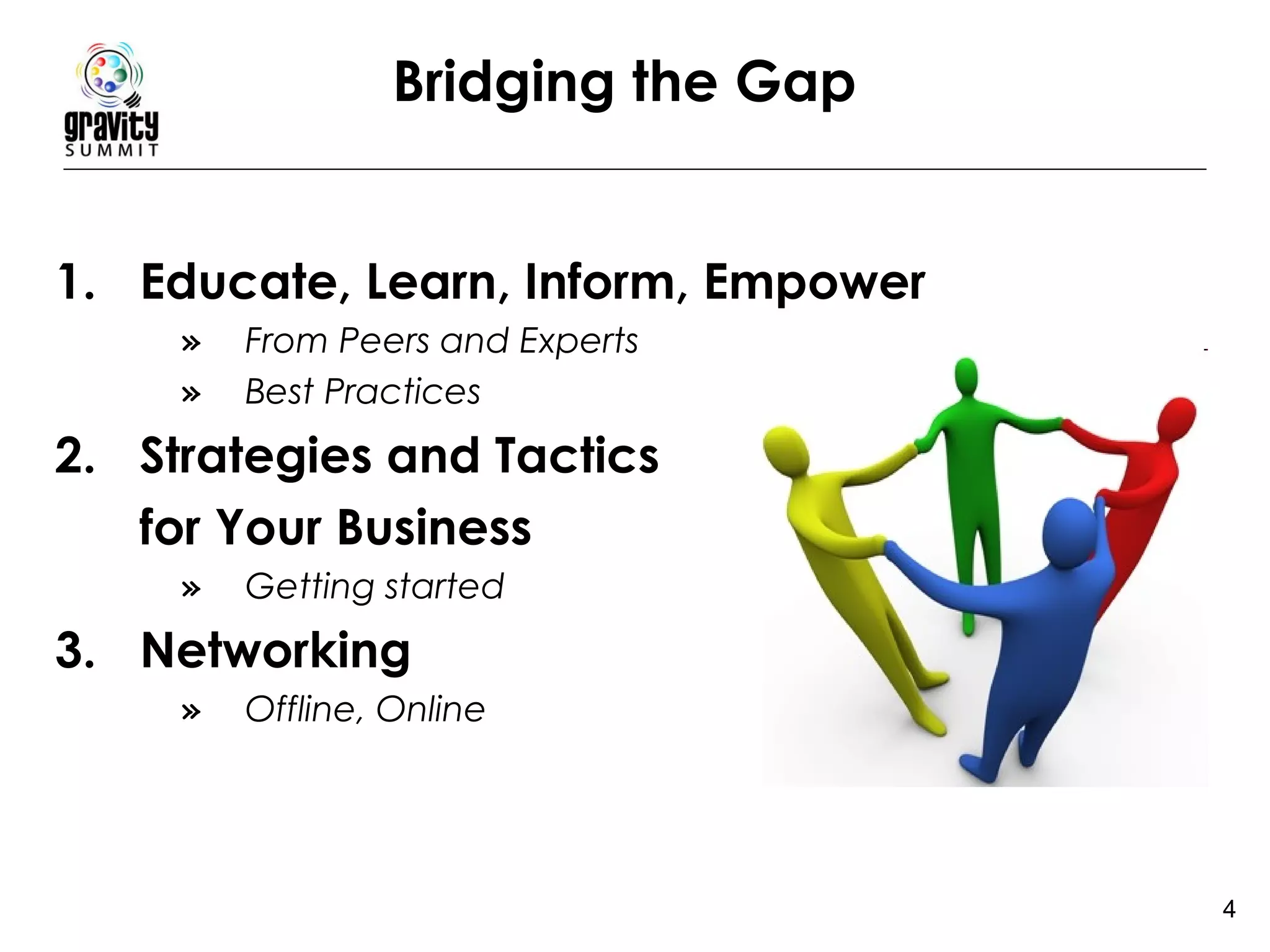 Bridging the Gap Educate, Learn, Inform, Empower From Peers and Experts Best Practices Strategies and Tactics  for Your Business Getting started 3. Networking Offline, Online 