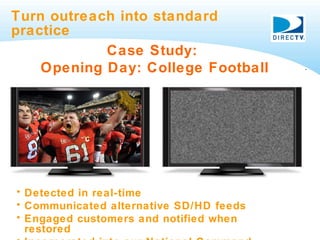 Turn outreach into standard practice Case Study:  Opening Day: College Football <ul><li>Detected in real-time </li></ul><u...