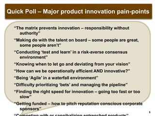 Quick Poll – Major product innovation pain-points
“The matrix prevents innovation – responsibility without authority”
“Making do with the talent on board – some people are great, some
people aren‟t”
“Conducting „test and learn‟ in a risk-averse consensus environment”
“Knowing when to let go and deviating from your vision”
“How can we be operationally efficient AND innovative?”
“Being „Agile‟ in a waterfall environment”
“Difficulty prioritizing „bets‟ and managing the pipeline”
“Finding the right speed for innovation – going too fast or too slow”
“Getting funded – how to pitch reputation conscious corporate
sponsors”
“Competing with or cannibalizing entrenched products”
5
 