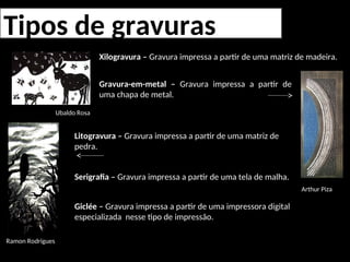 Tipos de gravuras
Serigrafia – Gravura impressa a partir de uma tela de malha.
Xilogravura – Gravura impressa a partir de uma matriz de madeira.
Gravura-em-metal – Gravura impressa a partir de
uma chapa de metal.
Litogravura – Gravura impressa a partir de uma matriz de
pedra.
Ubaldo Rosa
Arthur Piza
Ramon Rodrigues
Giclée – Gravura impressa a partir de uma impressora digital
especializada nesse tipo de impressão.
 