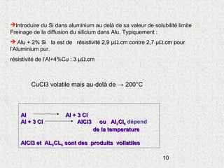 10
Introduire du Si dans aluminium au delà de sa valeur de solubilité limite
Freinage de la diffusion du silicium dans Alu. Typiquement :
 Alu + 2% Si la est de résistivité 2,9 µΩ.cm contre 2,7 µΩ.cm pour
l’Aluminium pur.
résistivité de l’Al+4%Cu : 3 µΩ.cm
AlAl Al + 3 ClAl + 3 Cl
Al + 3 ClAl + 3 Cl AlCl3 ou AlAlCl3 ou Al22ClCl66 dépend
de la temperaturede la temperature
AlCl3 et ALAlCl3 et AL22CLCL66 sont des produits vollatilessont des produits vollatiles
CuCl3 volatile mais au-delà de → 200°C
 