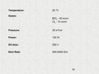 16
Temperature: 25 °C
Gases:
BCl3
- 40 sccm
Cl2
- 10 sccm
Pressure: 30 mTorr
Power: 125 W
DC-bias: 250 V
Etch Rate: 500-2000 Å/m
 