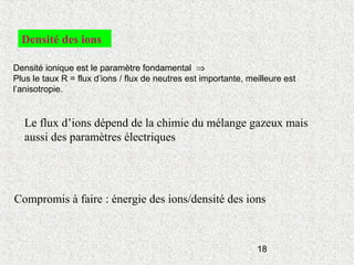 18
Densité des ions
Densité ionique est le paramètre fondamental ⇒
Plus le taux R = flux d’ions / flux de neutres est importante, meilleure est
l’anisotropie.
Le flux d’ions dépend de la chimie du mélange gazeux mais
aussi des paramètres électriques
Compromis à faire : énergie des ions/densité des ions
 