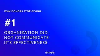 WHY DONORS STOP GIVING
ORGANIZATION DID
NOT COMMUNICATE
IT'S EFFECTIVENESS
#1
 