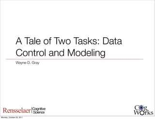 A Tale of Two Tasks: Data
                Control and Modeling
                Wayne D. Gray



                  for more information contact: grayw@rpi.edu




 Rensselaer                   Cognitive
                              Science
Monday, October 03, 2011
 