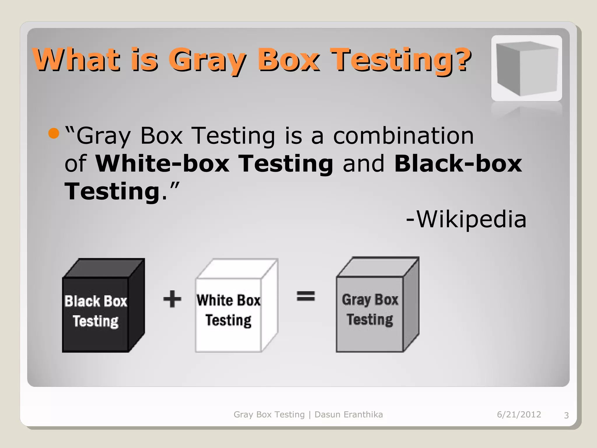 What is Gray Box Testing?

“Gray Box Testing is a combination
 of White-box Testing and Black-box
 Testing.”
                             -Wikipedia




              Gray Box Testing | Dasun Eranthika   6/21/2012   3
 