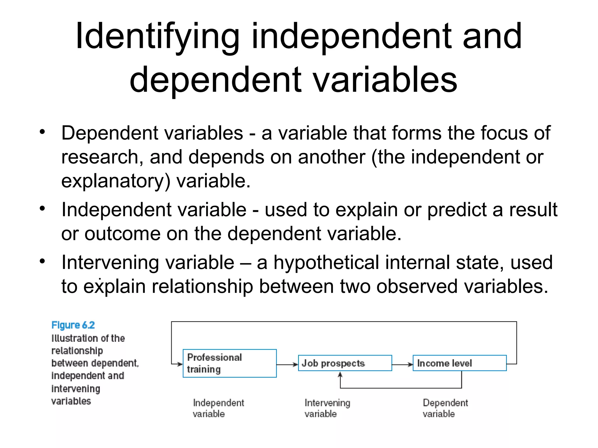 Identifying independent and
dependent variables
• Dependent variables - a variable that forms the focus of
research, and depends on another (the independent or
explanatory) variable.
• Independent variable - used to explain or predict a result
or outcome on the dependent variable.
• Intervening variable – a hypothetical internal state, used
to explain relationship between two observed variables.
.
 