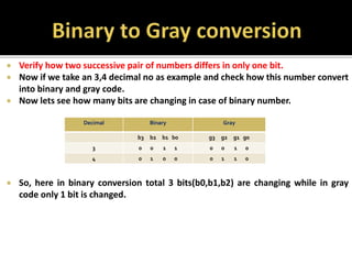  Verify how two successive pair of numbers differs in only one bit.
 Now if we take an 3,4 decimal no as example and check how this number convert
into binary and gray code.
 Now lets see how many bits are changing in case of binary number.
 So, here in binary conversion total 3 bits(b0,b1,b2) are changing while in gray
code only 1 bit is changed.
Decimal Binary Gray
b3 b2 b1 b0 g3 g2 g1 g0
3 0 0 1 1 0 0 1 0
4 0 1 0 0 0 1 1 0
 