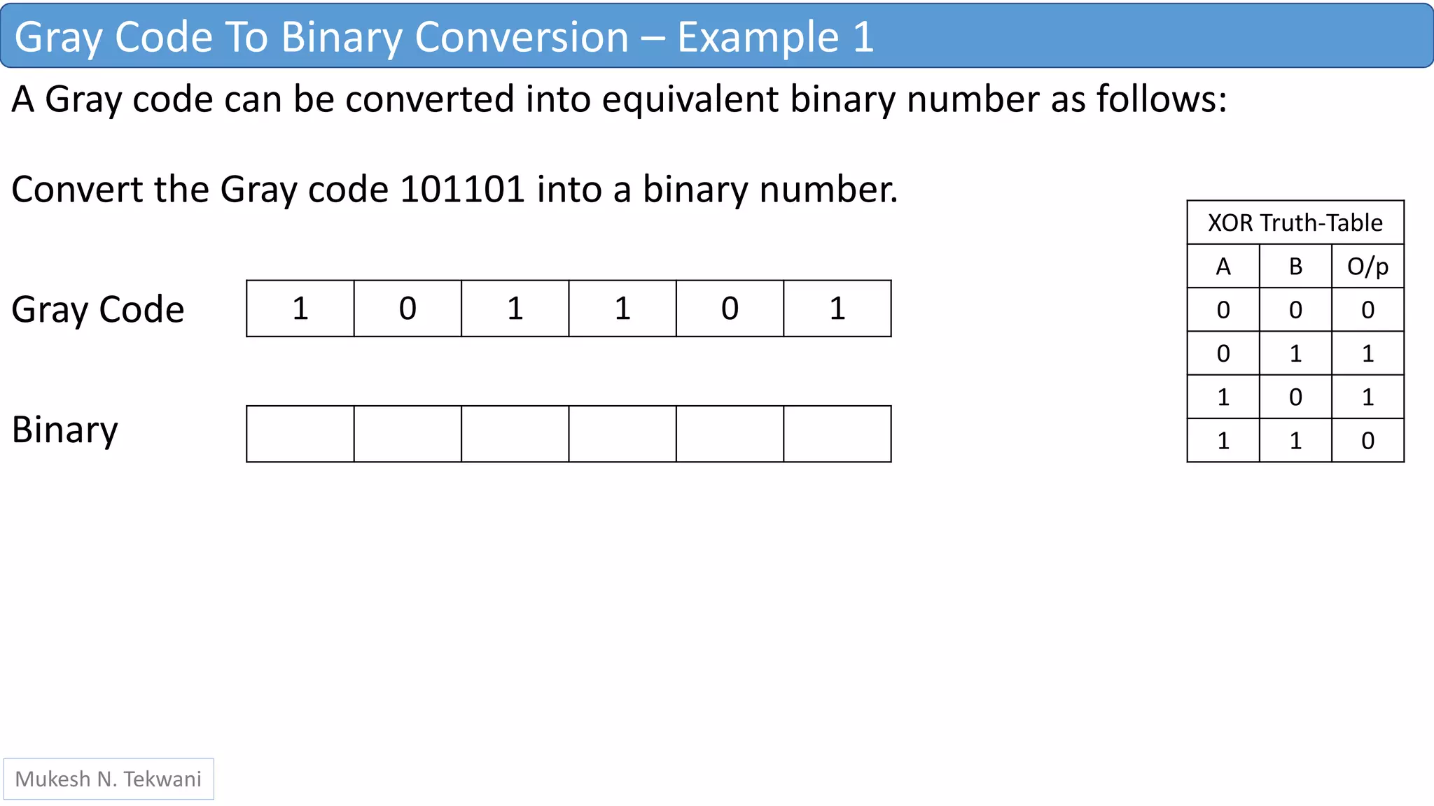 Gray Code To Binary Conversion – Example 1
A Gray code can be converted into equivalent binary number as follows:
Convert the Gray code 101101 into a binary number.
Gray Code
Binary
Mukesh N. Tekwani
1 0 1 1 0 1
XOR Truth-Table
A B O/p
0 0 0
0 1 1
1 0 1
1 1 0