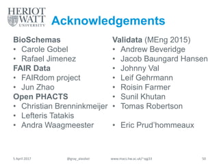 Acknowledgements
BioSchemas
• Carole Gobel
• Rafael Jimenez
FAIR Data
• FAIRdom project
• Jun Zhao
Open PHACTS
• Christian Brenninkmeijer
• Lefteris Tatakis
• Andra Waagmeester
Validata (MEng 2015)
• Andrew Beveridge
• Jacob Baungard Hansen
• Johnny Val
• Leif Gehrmann
• Roisin Farmer
• Sunil Khutan
• Tomas Robertson
• Eric Prud’hommeaux
5 April 2017 @gray_alasdair www.macs.hw.ac.uk/~ajg33 50
 