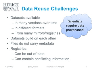 Data Reuse Challenges
• Datasets available
– In many versions over time
– In different formats
– From many mirrors/registries
• Datasets build on each other
• Files do not carry metadata
• Registries
– Can be out-of-date
– Can contain conflicting information
5 April 2017 @gray_alasdair www.macs.hw.ac.uk/~ajg33 8
Scientists
require data
provenance!
 