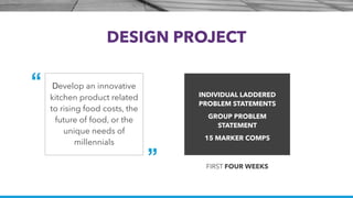 DESIGN PROJECT
“
”
Develop an innovative
kitchen product related
to rising food costs, the
future of food, or the
unique n...