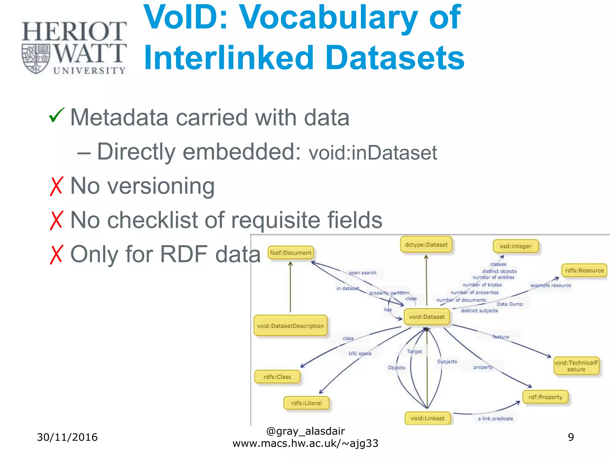 9
@gray_alasdair
www.macs.hw.ac.uk/~ajg33
 Metadata carried with data
– Directly embedded: void:inDataset
✗No versioning
✗No checklist of requisite fields
✗Only for RDF data
VoID: Vocabulary of
Interlinked Datasets
30/11/2016
 