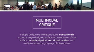MULTIMODAL
CRITIQUE
multiple critique conversations occur concurrently
around a single designed artifact (or presentation ...
