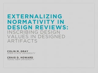 EXTERNALIZING
NORMATIVITY IN  
DESIGN REVIEWS:
INSCRIBING DESIGN  
VALUES IN DESIGNED
ARTIFACTS
COLIN M. GRAY
IOWA STATE UNIVERSITY
CRAIG D. HOWARD
TEXAS A&M UNIVERSITY
 