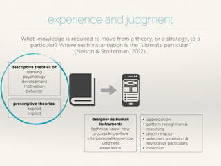 experience and judgment 
What knowledge is required to move from a theory, or a strategy, to a 
particular? Where each instantiation is the “ultimate particular” 
(Nelson & Stolterman, 2012). 
designer as human 
instrument: 
technical know-how 
process know-how 
interpersonal know-how 
judgment 
experience 
• appreciation 
• pattern recognition & 
matching 
• discrimination 
• selection, extension & 
revision of particulars 
• invention 
descriptive theories of: 
learning 
psychology 
development 
motivation 
behavior 
prescriptive theories: 
explicit 
implicit 
 