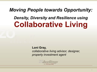 © 2016-2018 ZOdwellings All rights reserved.
Loni Gray,
collaborative living advisor, designer,
property investment agent
1
Moving People towards Opportunity:
Density, Diversity and Resilience using
Collaborative Living
 