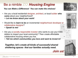 © 2016-2018 ZOdwellings All rights reserved.
Be a nimble ZO Housing Engine
You can Make a Difference! You can make the choices!
20
• Are you a local residential designer, architect, or local builder who
cares about your neighborhood?
~ Let me know about your work!
• Would like to learn to be an incremental neighborhood developer or
collaborative designer?
~ Speak to me!
• Are you a socially responsible investor who wants to use your ESG
dollars to impact your local community? Then create affordable
collaborative housing where you live. ~
~ Tell me which communities you love and want to invest in!
Together, let’s create all kinds of successful shared
sheltering spaces that our families actually need.
Join us!
 