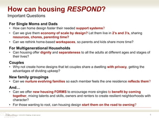 © 2016-2018 ZOdwellings All rights reserved.
How can housing RESPOND?
Important Questions
4
For Single Moms and Dads
• How can home design foster their needed support systems?
• Can we give them economy of scale by design? Let them live in 2’s and 3’s, sharing
resources, chores, parenting time?
• Can we rethink home-based workspaces, so parents and kids share more time?
For Multigenerational Households
• Can housing offer dignity and separateness to all the adults at different ages and stages of
their lives?
Couples
• Why not create home designs that let couples share a dwelling with privacy, getting the
advantages of dividing upkeep?
New family groupings
• Can we nurture evolving families so each member feels the one residence reflects them?
And…
• Can we offer new housing FORMS to encourage more singles to benefit by coming
together, mixing talents and skills, owners and renters to create resilient neighborhoods with
character?
• For those wanting to root, can housing design start them on the road to owning?
 