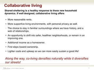 © 2016-2018 ZOdwellings All rights reserved. 5
Collaborative living
Shared sheltering is a healthy response to these new household
dynamics. If well designed, collaborative living offers
Along the way, co-living densifies naturally while it diversifies
our streets!
• More reasonable rents.
• More supportive living environments, with personal privacy as well.
· The choice to stay in familiar surroundings where we have history, and a
web of relationships.
• An opportunity to shift into safer, healthier neighborhoods, or remain in an
improving one.
• Additional income as a homeowner.
• First steps toward ownership.
• Lighter costs and upkeep so we can more easily sustain a good life!
 