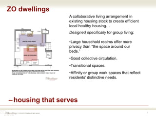 © 2016-2018 ZOdwellings All rights reserved.
ZO dwellings
7
– housing that serves
A collaborative living arrangement in
existing housing stock to create efficient
local healthy housing…
Designed specifically for group living:
•Large household realms offer more
privacy than “the space around our
beds.”
•Good collective circulation.
•Transitional spaces.
•Affinity or group work spaces that reflect
residents’ distinctive needs.
 