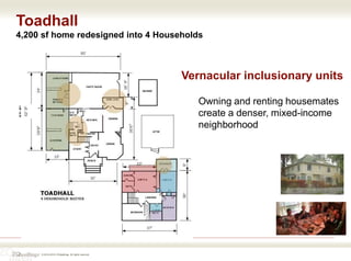 © 2016-2018 ZOdwellings All rights reserved.
Toadhall
4,200 sf home redesigned into 4 Households
Vernacular inclusionary units
Owning and renting housemates
create a denser, mixed-income
neighborhood
 
