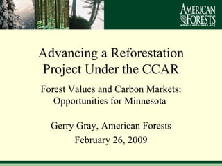 Forest Values and Carbon Markets: Opportunities for Minnesota  Gerry Gray, American Forests February 26, 2009 Advancing a Reforestation Project Under the CCAR 