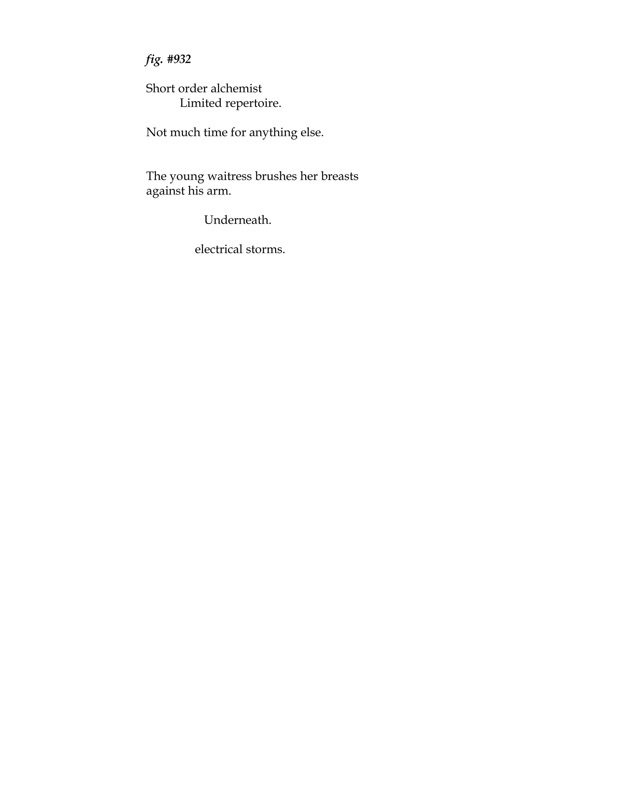 fig. #932

Short order alchemist
      Limited repertoire.

Not much time for anything else.


The young waitress brushes her breasts
against his arm.

             Underneath.

            electrical storms.
 