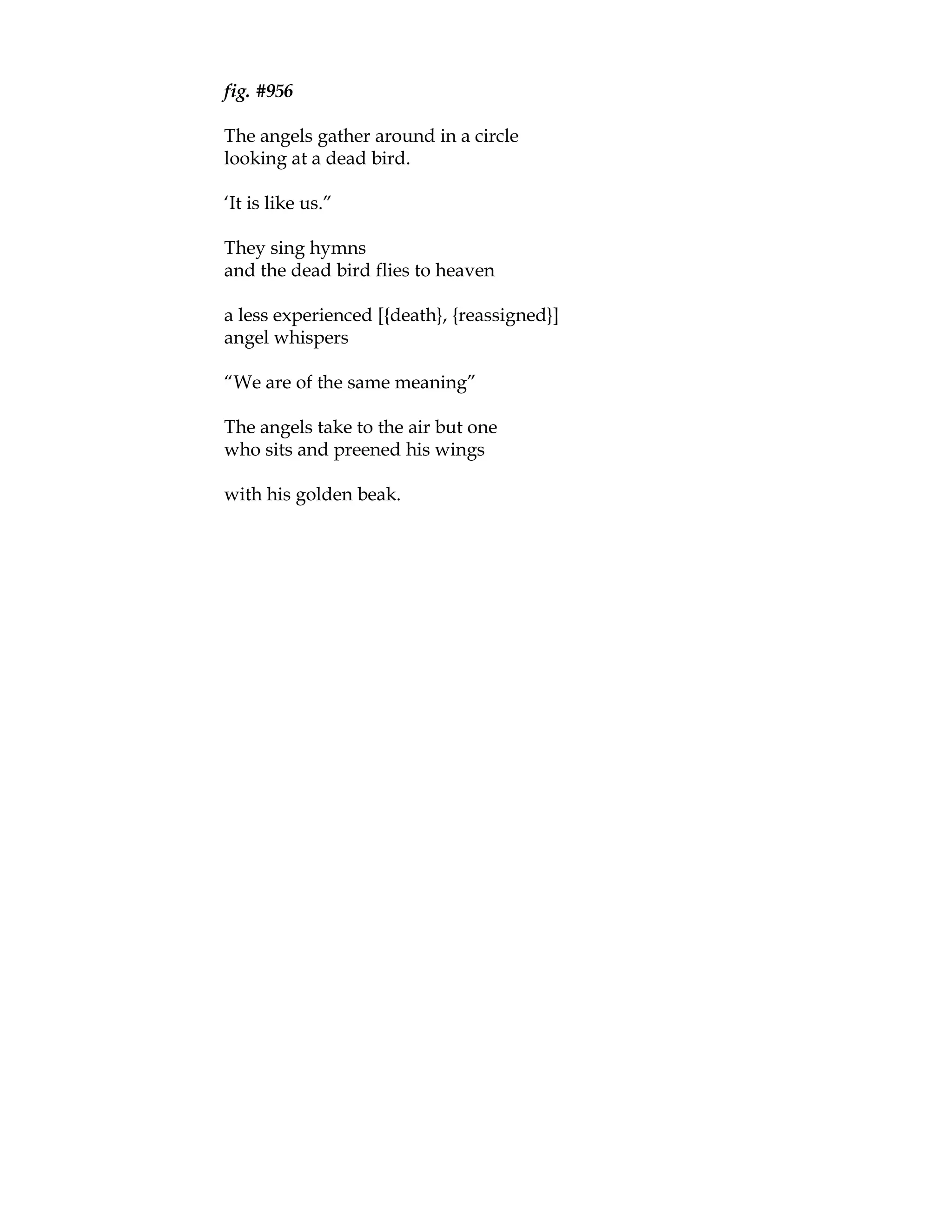 fig. #956

The angels gather around in a circle
looking at a dead bird.

‘It is like us.”

They sing hymns
and the dead bird flies to heaven

a less experienced [{death}, {reassigned}]
angel whispers

“We are of the same meaning”

The angels take to the air but one
who sits and preened his wings

with his golden beak.
 