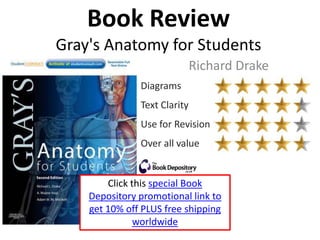 Book ReviewGray's Anatomy for Students RichardDrake The book is very well-organised. It uses the time-tested method of segmenting the book by location (like most other anatomy books). Chapters are structured in a way that helps learning but many of the diagrams take some time to figure out. The text is somewhat dense but I've yet to find an inaccuracy on this book.  A recommended buy! Diagrams TextClarity Use for Revision Overallvalue ClickthisspecialBookDepositorypromotional link to get 10% off PLUS freeshippingworldwide 
