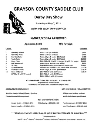 GRAYSON COUNTY SADDLE CLUB
                                               Derby Day Show
                                                    Saturday – May 7, 2011

                                         Warm-Ups 11:00 Show 1:00 *CST


                                        KMBRA/KGBRA APPROVED
                              Admission $3.00                                              75% Payback
Classes                                                  Description                                                            Entry Fees

1.        Warm Up Barrels                                11:00-11:45 (no payback)                                                  $3.00
2.        Warm Up Poles                                  12:00-12:30 (no payback)                                                  $3.00
3.        Pee Wee Poles                                  Riders 10 yrs. & under--$25 Added                                         $5.00
4.        Youth Poles                                    Riders 18 yrs. & under--$50 Added                                        $10.00
5.        Open Poles                                     $100 Added & 2D with 15 horses- 3D with 25+ horses                       $15.00
6.        Pee Wee Barrels                                Riders 10yrs. & under--$50 Added                                          $5.00
7.        2D Flags                                       $100 Added—with 15 horses—1/2 second split                               $15.00
8.        Jr. Horse Barrels                              Horses 5 yrs. & under--$200 Added-with 20+ horses                        $12.00
9.        Youth 3D Barrels                               Riders 18 yrs. & under--$200 Added                                       $15.00
10.       Open 3D Barrels                                $250 Added—with 1-24 horses                                              $25.00
          (Will be 4D with 75 horses)                    $500 Added—with 25-49 horses
                                                         $1000 Added—with 50 +horses

                                NO RUNNING IN & OUT OF GATE – YOU WILL BE DISQUALIFIED
                                               Flags Will Run Barrel Pattern
                                   Youth Poles will follow same breakdown as Open Poles

ABSOLUTELY NO REFUNDS!!!                                                                        NOT RESPONSIBLE FOR ACCIDENTS!!!

Negative Coggins & Health Papers Required                                                         All dogs must be kept on leash
Concession available on grounds                                                                   No Alcoholic Beverages Allowed

                                                      For More information:
          Gerald Beatty—(270)589-3781                 Mike Beatty—(270)230-6103                   Tom Pendergest—(270)287-1314
          Barney Langley—(270)589-0293                                                            Jenni Pendergest—(270)589-0060



          ***ANNOUNCEMENTS MADE DAY OF SHOW TAKE PRECEDENCE OF SHOW BILL***
                                                              *2011 Show Dates*
                  June 18 - July 16 – August 20 – September 3rd(Fall Classic) – September 4th(Elwood Hayes Memorial Show) – September 17th
                         th       th           th
 