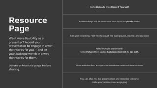 Go to Uploads, then Record Yourself.
All recordings will be saved on Canva in your Uploads folder.
Edit your recording. Feel free to adjust the background, volume, and duration.
Need multiple presenters?
Select Share then update Collaboration link to Can edit.
Share editable link. Assign team members to record their sections.
You can also mix live presentation and recorded videos to
make your session more engaging.
Resource
Page
Want more flexibility as a
presenter? Record your
presentation to engage in a way
that works for you — and let
your audience watch in a way
that works for them.
Delete or hide this page before
sharing.
 