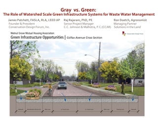 Gray vs. Green:
The Role of Watershed Scale Green Infrastructure Systems for Waste Water Management
James Patchett, FASLA, RLA, LEED AP Raj Rajaram, PhD, PE Ron Doetch, Agronomist
Founder & President Senior Project Manager Managing Partner
Conservation Design Forum, Inc. C.C. Johnson & Malhotra, P.C.(CCJM) Solutions in the Land
 