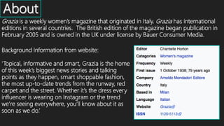 Grazia is a weekly women’s magazine that originated in Italy. Grazia has international
editions in several countries. The British edition of the magazine began publication in
February 2005 and is owned in the UK under license by Bauer Consumer Media.
Background Information from website:
‘Topical, informative and smart, Grazia is the home
of this week’s biggest news stories and talking
points as they happen, smart shoppable fashion,
the most up-to-date trends from the runway, red
carpet and the street. Whether it’s the dress every
influencer is wearing on Instagram or the trend
we’re seeing everywhere, you’ll know about it as
soon as we do.’
 