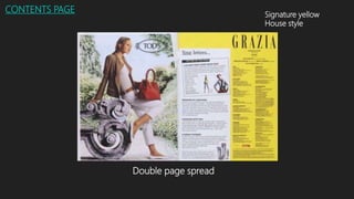 Double page spread
CONTENTS PAGE
Signature yellow
House style
 