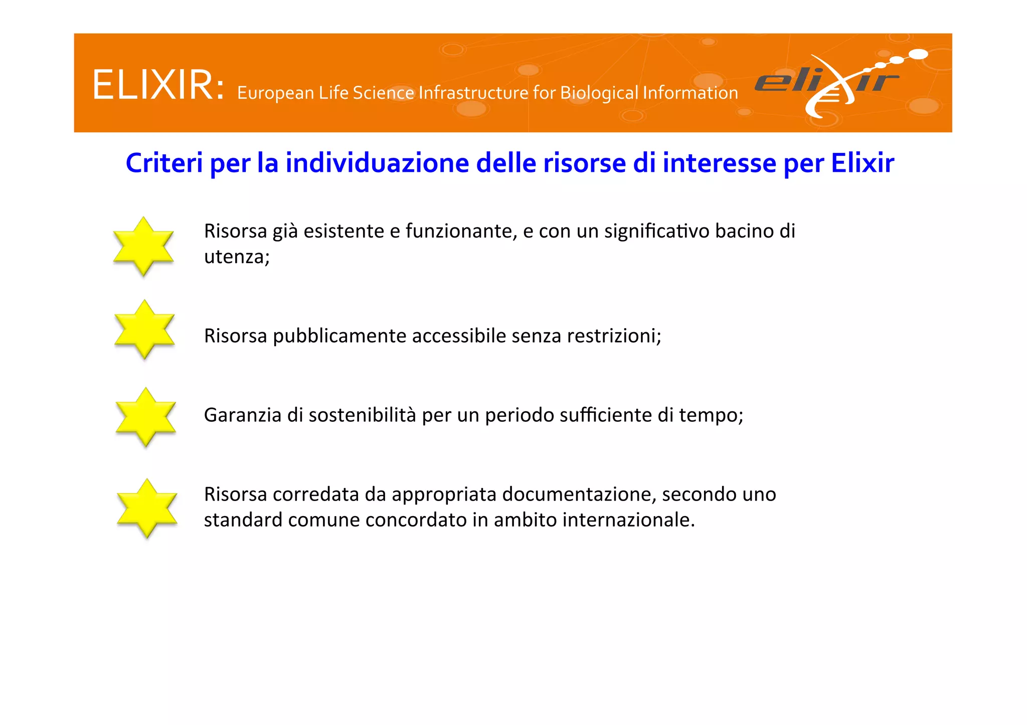 ELIXIR:	
  European	
  Life	
  Science	
  Infrastructure	
  for	
  Biological	
  Information	
  
	
  

Criteri	
  per	
  la	
  individuazione	
  delle	
  risorse	
  di	
  interesse	
  per	
  Elixir	
  
Risorsa	
  già	
  esistente	
  e	
  funzionante,	
  e	
  con	
  un	
  signiﬁca(vo	
  bacino	
  di	
  
utenza;	
  
	
  
	
  
Risorsa	
  pubblicamente	
  accessibile	
  senza	
  restrizioni;	
  
	
  
	
  
Garanzia	
  di	
  sostenibilità	
  per	
  un	
  periodo	
  suﬃciente	
  di	
  tempo;	
  
	
  
	
  
Risorsa	
  corredata	
  da	
  appropriata	
  documentazione,	
  secondo	
  uno	
  
standard	
  comune	
  concordato	
  in	
  ambito	
  internazionale.	
  
	
  	
  
	
  

 