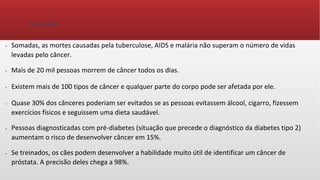 Curiosidades
• Somadas, as mortes causadas pela tuberculose, AIDS e malária não superam o número de vidas
levadas pelo câncer.
• Mais de 20 mil pessoas morrem de câncer todos os dias.
• Existem mais de 100 tipos de câncer e qualquer parte do corpo pode ser afetada por ele.
• Quase 30% dos cânceres poderiam ser evitados se as pessoas evitassem álcool, cigarro, fizessem
exercícios físicos e seguissem uma dieta saudável.
• Pessoas diagnosticadas com pré-diabetes (situação que precede o diagnóstico da diabetes tipo 2)
aumentam o risco de desenvolver câncer em 15%.
• Se treinados, os cães podem desenvolver a habilidade muito útil de identificar um câncer de
próstata. A precisão deles chega a 98%.
 