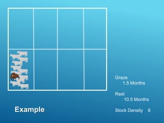 Graze
1.5 Months
Rest
10.5 Months
Stock Density 8
Example
 